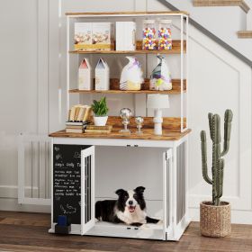 39" Dog Crate Furniture for Large Dogs w/ Storage Shelf, Three Doors, Blackboard & Non-slip Foot Pads, White