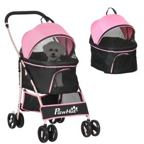 4 Wheels Pet Stroller, 3 in 1 Dog Cat Travel Folding Carrier, for Small Dogs, Detachable, w/ Brake, Canopy, Basket, Storage Bag - Pink