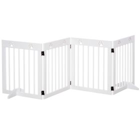 Freestanding Pet Gate 4 Panel Wooden Dog Barrier Folding Safety Fence with Support Feet up to 80.25" Long 24" Tall for Doorway Stairs White