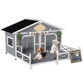 59"x64"x39" Wood Dog House Outdoor Cabin-Style Elevated Pet Shelter with Porch Deck, Grey