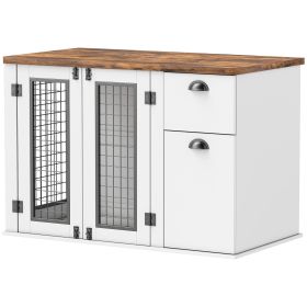44" Dog Crate Furniture with Double Doors, Storage Drawer, for Medium Dogs, White