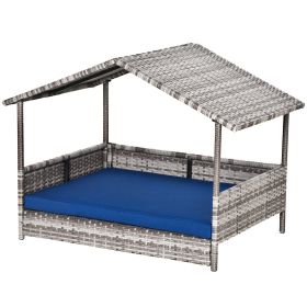 Wicker Pet House Dog Bed for Indoor/Outdoor Rattan Furniture with Cushion (Color: Blue)
